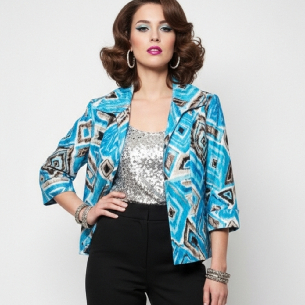 Investments Blue Blazer Office Aztec Retro Artsy Grunge Open 6P